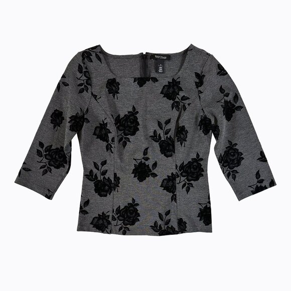 2PC: WHBM Top/Skirt Sz10 Gray Black Velvet 3D Floral Whimsigoth Office Y2K Retro - Picture 2 of 11